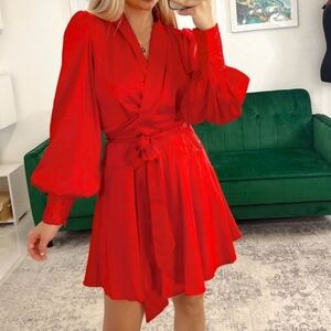 NEW LS Balloon sleeve Red Knee Length Dress sz Large